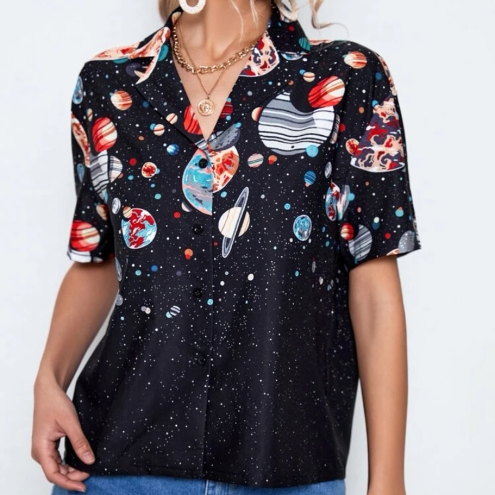 Space Patterned Button Down - Black Short Sleeve - image 3